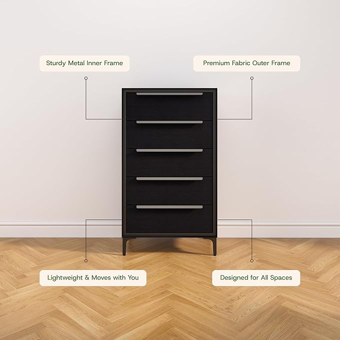 tinge Naima Premium Fabric Dresser - Strong Metal Frame, 5 Spacious Sag-Proof Drawers with Sleek Metal Handles - Premium & Durable Storage Solution for Your Home (Black)