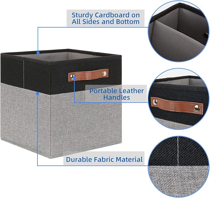 Temary 11 x 11 Cube Storage Bins Fabric Storage Cubes for Shelf, Closet, 4 Pack Cube Basket for Clothes, Storage Cube Bins with Leather Handles(Black&Grey)