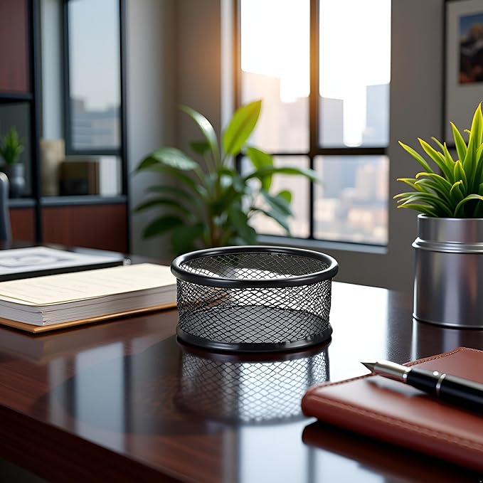 2Pcs Black Minimalist Metal Paper Clip Holder Mesh Paperclip Bowl Binder Clip Dispenser Desk Bobby Pin Container Organizer for Home Office Classroom School Desk Supplies Holders and Dispensers