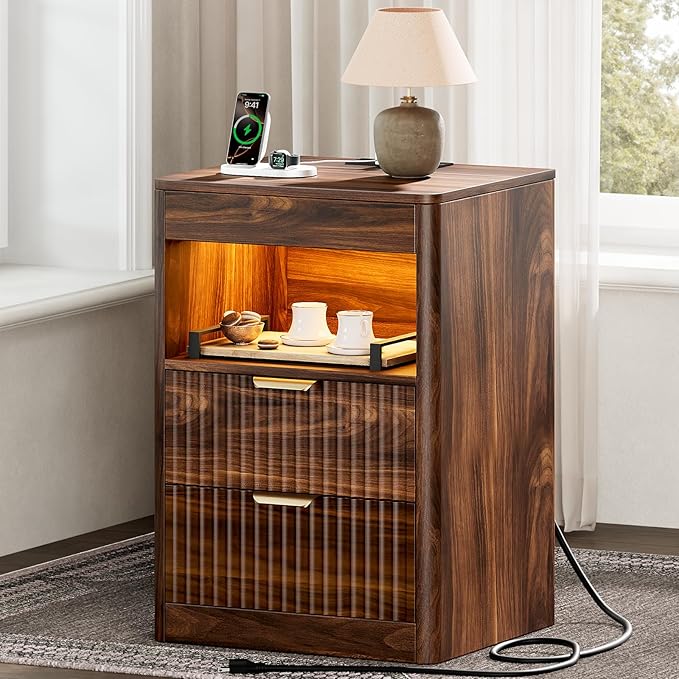 REAHOME Fluted Nightstand with Charging Station, Modern LED Night Stand with 2 Drawers and Pull Out Tray, Wood Bedside Table, End Side Table with Open Shelf for Bedroom,Walnut