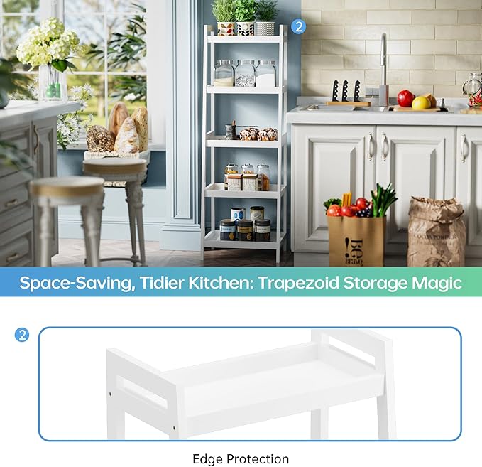 SMIBUY Bamboo Ladder Bookcase, Bathroom Storage Rack Organizer, 4 Tier and 5 Tier Freestanding Plant Display Stand Space Saver Shelves for Bedroom, Kitchen, Balcony (White, 5 Tiers (50" H))