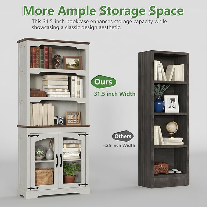 70 Inch Farmhouse Bookcase, Distressed White and Walnut Two-Tone Shelves, 5 Tier Bookshelf with Arched Trim Glass Doors, Living Room Storage Cabinet Unit, 31.5x11.8 Inches (White&Walnut, Glass Doors)