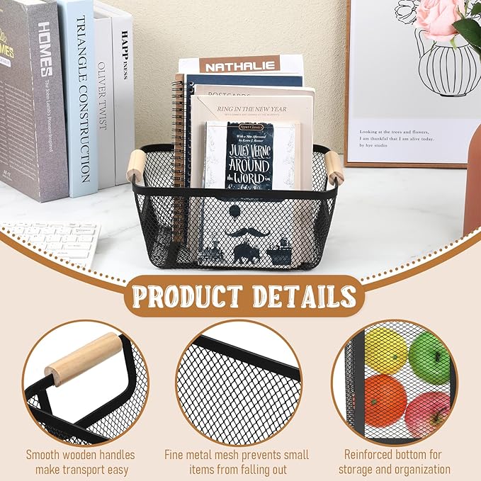 4 Pcs Metal Wire Baskets with Wooden Handles, 9.4x6.9in Wire Storage Basket, Modern Black Rectangular Metal Mesh Basket, for Cabinet Pantry Closet Kitchen Bathroom Office Fridge Fruit Makeup Snacks
