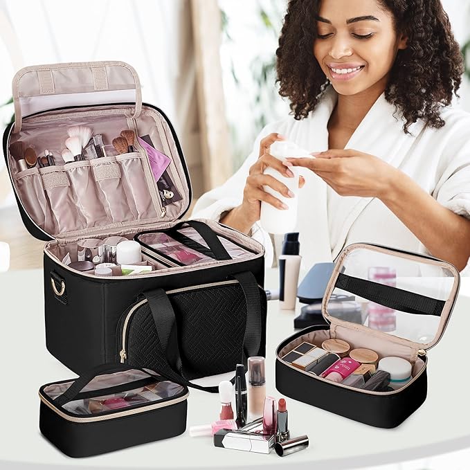 Travel Makeup Bag with 2 Pouches and Adjustable Dividers, Large Cosmetic Case Make up Organizer for Women Fits Bottles Vertically, Black (Patented Design)