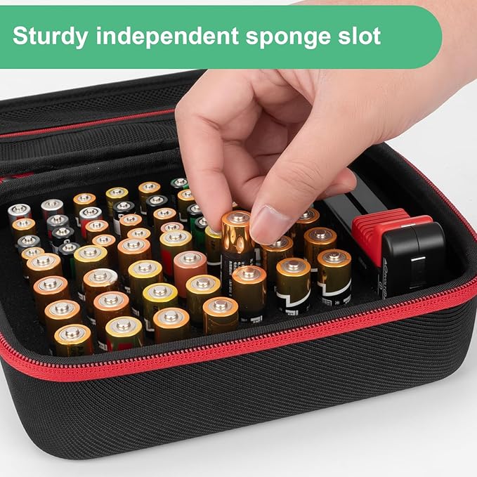 Battery Organizer Storage Case with Tester, Hardshell Portable Checker Carrying Case Holds Batteries AA AAA AAAA C D 9V, Battery Organizer Storage Box (Hold 64+ Cell)