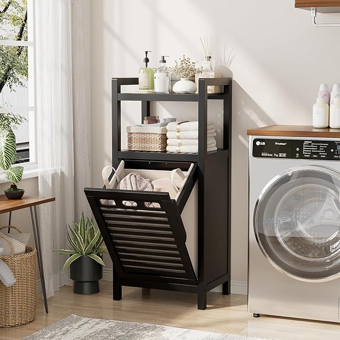 Homykic Tilt Out Laundry Hamper, 10 Gal Bamboo Laundry Storage Cabinet with Removable Basket, Hidden Hamper Organizer with Shelf for Dirty Clothes, Bathroom, Laundry Room, Space Saving, Black