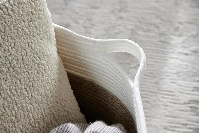 Luxury Little Extra Large Nursery Storage Basket, 22 x 22 x 14 inches - 100% Cotton Rope Baskets with Handles, Blanket Basket for Toys, Blankets & Pillows - Brown & White