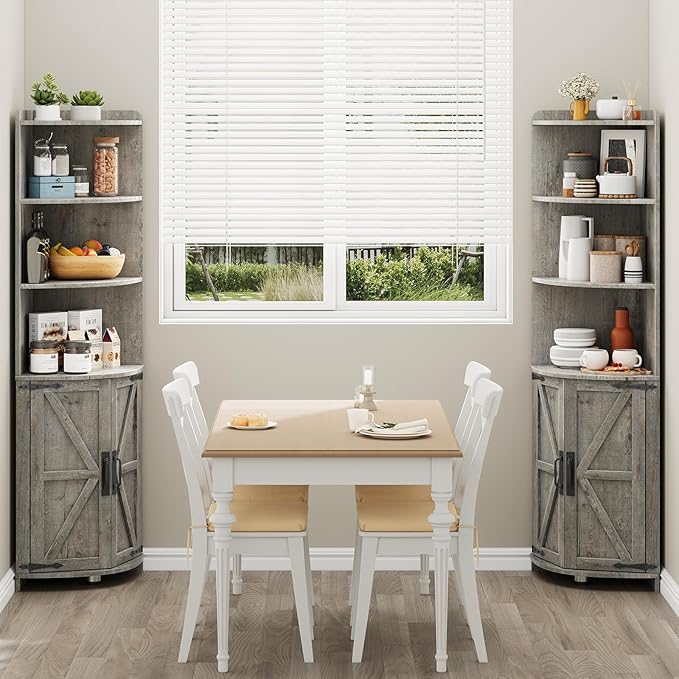 Vabches Tall Corner Cabinet, Farmhouse Corner Storage Shelf with 2 Doors and 6 Storage Shelves, Cabinet with Barn Door Design, Home Space Saver for Living Room, Kitchen, Bathroom, Grey