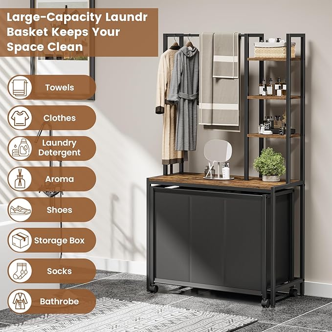 Laundry Hamper with 3 Section Rolling Bags and Shelf, 4 Tiers Tall Laundry Basket Sorter for Organization and Storage, Clothes Rack with Laundry Sorter for Laundry Room Bathroom Bedroom, Rustic Brown
