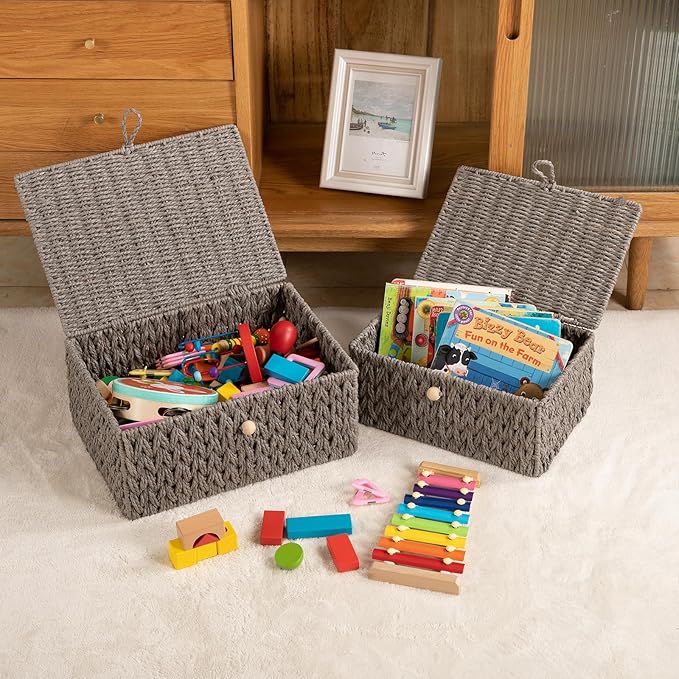 OIAHOMY Wicker Storage Basket with Lid & Lock, Lidded Storage Bins, Decorative Baskets for Organizing, Set of 2-Grey