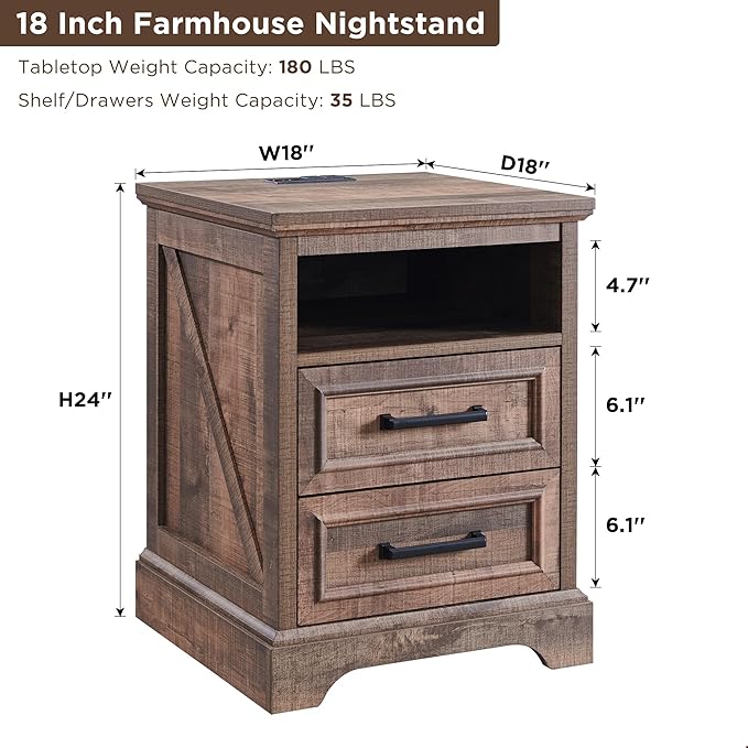 ACCOHOHO 18" Farmhouse Nightstand with Charging Station,End Table with 2 Drawers Storage,Side Table,Bedside Cabinet for Bedroom,Living Room, Light Brown