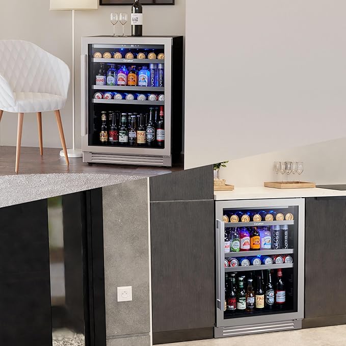 Ca'Lefort 24 Inch Beverage Refrigerator - 220 Can Beverage Fridge with 34° -54°F, Built in or Freestanding Beverage Cooler with Glass Door and 3 LED, Drink Fridge for Home/Kitchen(5.65 cu.ft)