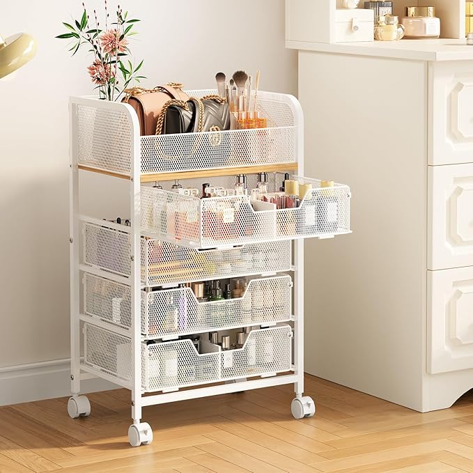 5-Tier Craft Organizer Cart with Wheels,Craft Organizers and Storage with Drawers,Lockable Wheels Rolling Utility Cart with DIY Divider,Office Supply Organizer,Ideal for Studio,Office,Bedroom,White