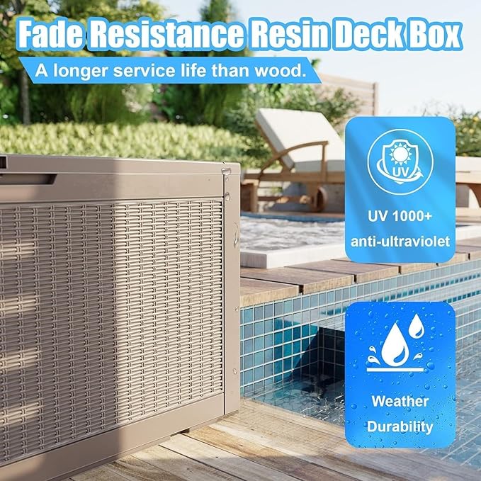 EasyUp 100 Gallon Deck Boxes Waterproof, Outdoor Large Storage Boxes with Lids, Outside Resin Storage Box & Deck Boxes for Patio, Garden Use(Gray)