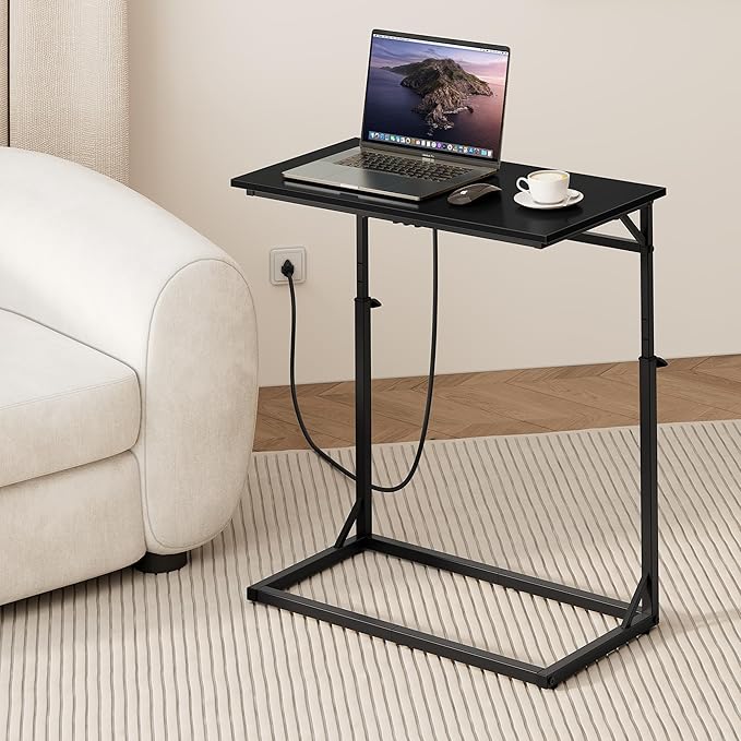 Vagusicc C Shaped End Table with Charging Station, C-Table End Table Adjustable Height Side Table for Couch, Large Couch Tables,Slide Under Sofa Tables TV Tray Arm Tables for Living Room,Bedroom,Black