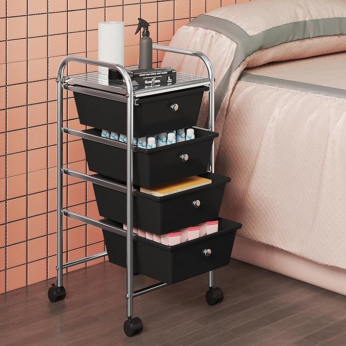 Yaheetech 4 Drawers Cart Rolling Storage Organizer Metal Frame Plastic Drawers Trolley Organizer on Wheels, Black