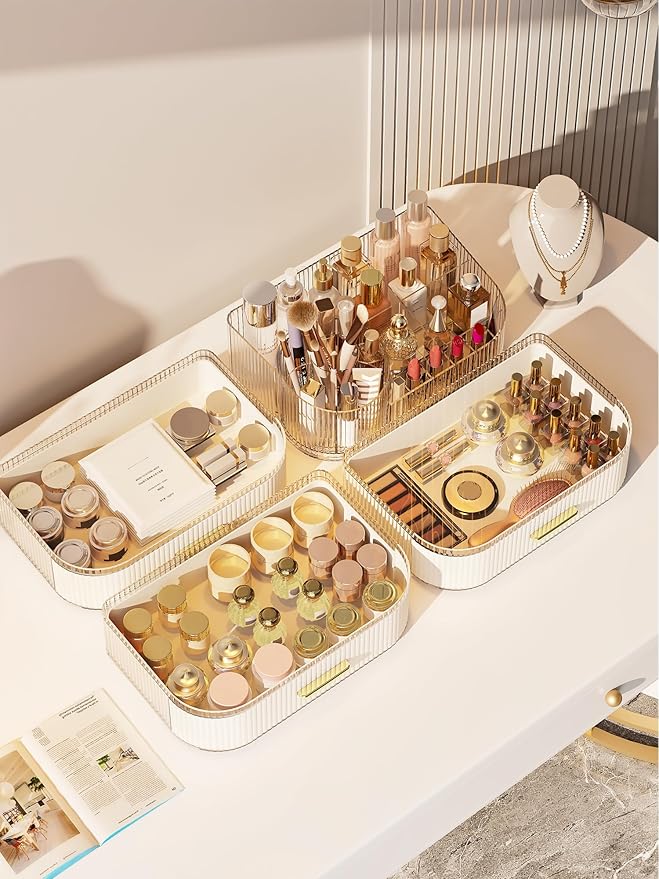 Makeup Organizer with Stackable Drawer, 360 Rotating Makeup Brush Holder, 11-inch Wide Large Cosmetic Display Case, Skincare Organizers and Storage for Vanity, Bathroom Countertop (1 Tray + 2 Drawer)