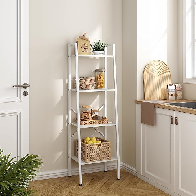 Hoctieon 4-Tier Industrial Ladder Bookshelf, Narrow Ladder Shelf, Tall Standing Bookshelf, Skinny Open Ladder Shelf, for Living Room, Home Office, Kitchen, Bedroom, Metal Frame, White