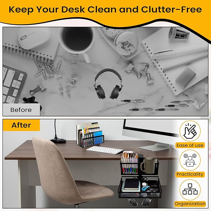 6-in-1 Under Desk Drawer Organizer with Clip On Cup Holder, Easy to Install Standing Desk Drawer Attachment, Space-Saving Clamp Organizer for Home & Office