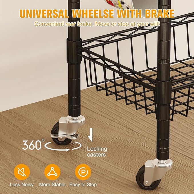 Homeiju Rolling Kitchen Storage Cart, 3-Tier Storage Rack on Caster Wheels with Adjustable 2 Baskets, Coffee Station Cart Rack Shelf Organizer for Living Room Office, Balcony, Rustic Brown/Black