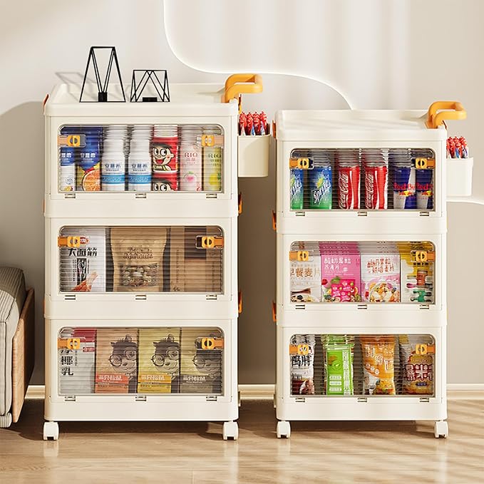 58 QT Storage Bins with Lids, Stackable Rolling Storage Cart with Clear Doors, 4 Tier Storage Cart on Wheels, Plastic Storage Containers for Home, Office, Kitchen, Bedroom, White