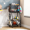 Sports Equipment & Toy Storage Rack with Wheels, 3-Tier Ball Organizer for Balls, Rackets & Sports Gear, Large Capacity with Racket Slots & Hooks, for Garage, Home Gym or Backyard – 17" W