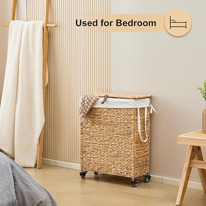 Rolling Laundry Hamper with Wheels, Slim Laundry Basket with Removable Liner Bag & 2 Mesh Bags, Handwoven Water Hyacinth Clothes Hamper for Bedroom Bathroom (Natural, 65L)