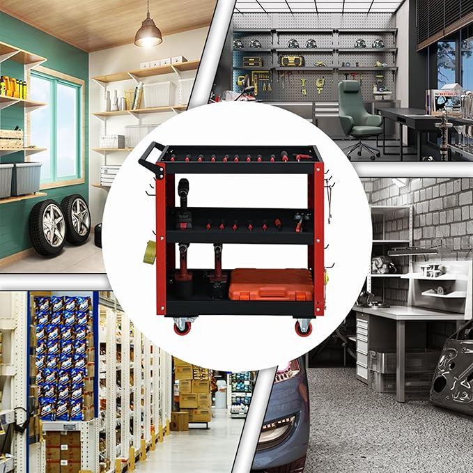 3 Tier Rolling Tool Cart on Wheels, 660LBS Load Capacity Heavy Duty Utility with Pegboard for Repair Shop, Garage, Warehouse, Workshop