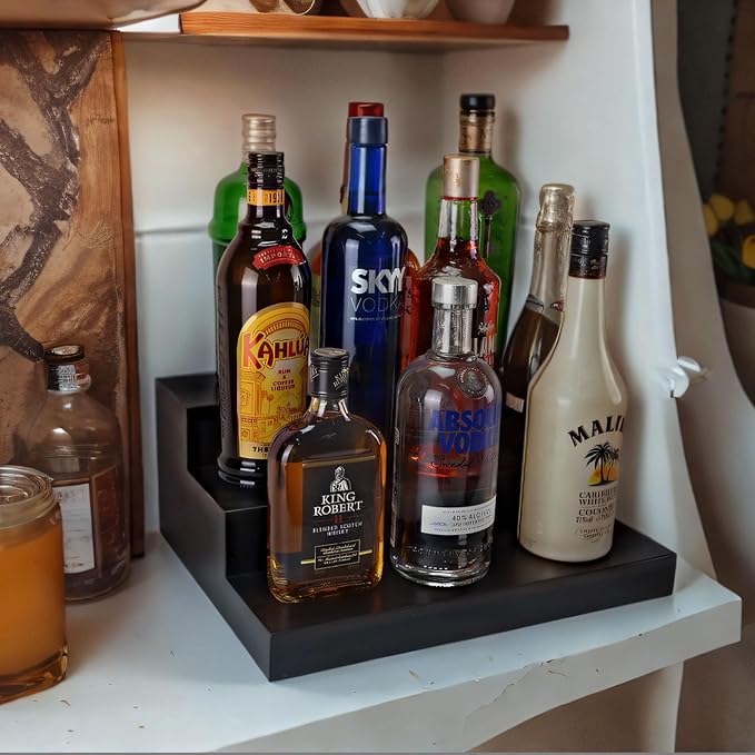BARsics 3 Tiered Walnut Wood Liquor Bottle Shelf, Back Bar Riser Display 15x12x6 inch