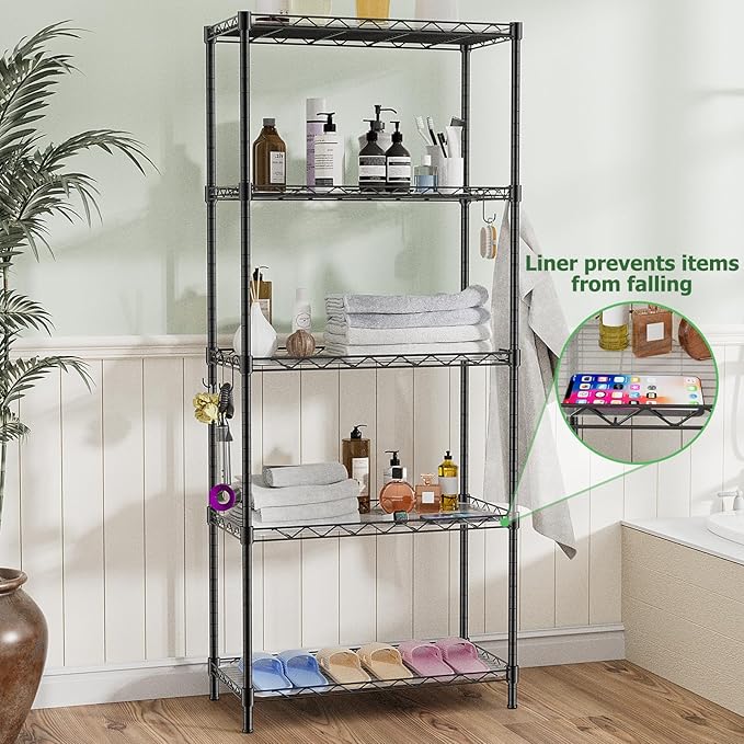 Storage Shelves,21.3" W x 11.8" D x 58.5" H Wire Shelving Unit Loads 550LBS,5-tier Adjustable Metal Utility Shelf,Garage Shelves with Liner and Hooks,Home Storage Rack for Kitchen,Laundry,Pantry