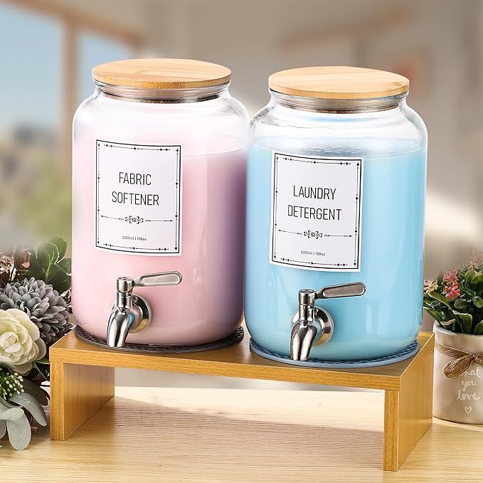 Laundry Detergent Dispenser. 0.9 Gallon Glass Laundry Soap Liquid Laundry Detergent Dispense. Fabric Softener Dispenser With Stand and Bamboo Lid. Laundry Room Organization and Storage