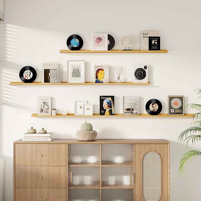 Floating Picture Ledge Shelves for Wall Set of 2, 84 Inches Picture Ledge Shelf with Long Large Nursery Book Shelf for Toys Storage Kids Bookshelf Wall Mounted Living Room Bedroom Decor Frames, Oak