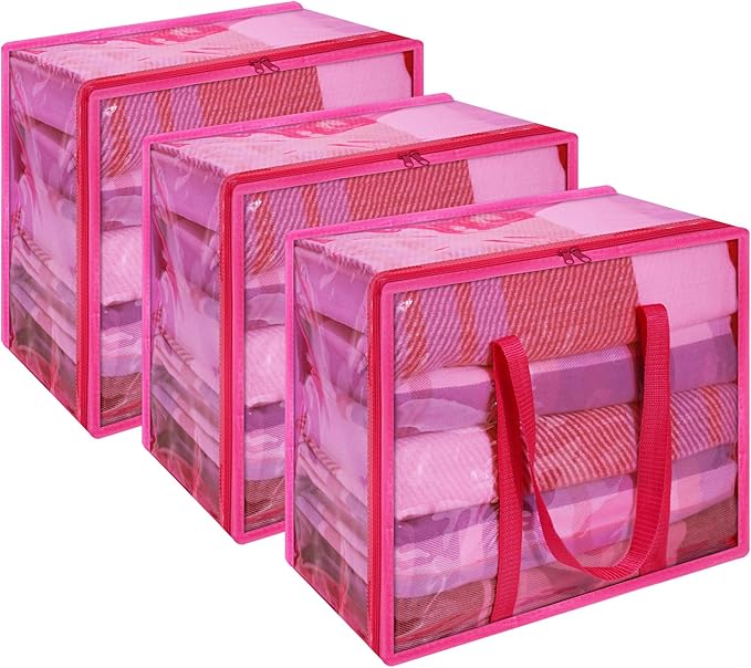 Vieshful 90L Clear Clothes Storage Bag with Zipper 3 Pack Colorful Clothes Organizer Vinyl Storage Bag for Comforter, Blanket, Bedding, Duvet, Transparent Moving Totes, Pink