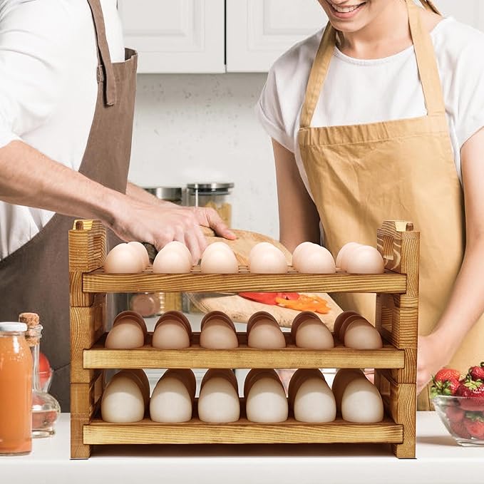 CVHOMEDECO. Wooden Egg Holder Countertop Fresh Egg Holders Firewood Egg Collecting Rack for Gathering Fresh eggs, Stackable with 54 eggs, Home Kitchen Organizer, Set of 3 PCS