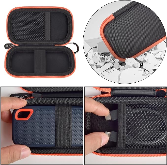 Hard Case Compatible with SanDisk 1TB 2TB 4TB 500GB 8TB Extreme Portable SSD - Up to 1050MB/s - External Solid State Drive. Carrying Travel Holder for USB Cables -Black and Orange Zipper (Bag Only)
