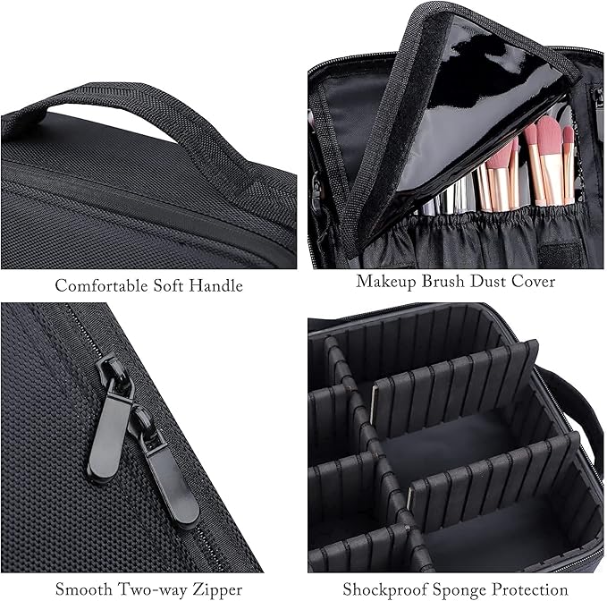 JOURMON Travel Makeup Bag, Large Capacity Cosmetic Train Case for Women Portable Pouch Open Flat Artist Brushes Toiletry Jewelry Digital Organizer Storage Bag with Adjustable Dividers