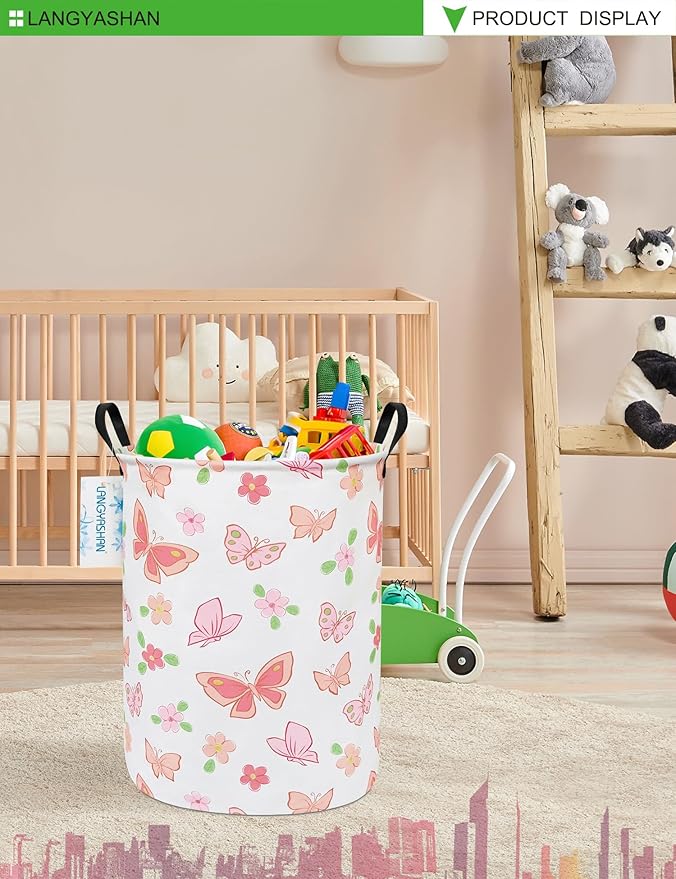 LANGYASHAN Laundry Basket Canvas Fabric Collapsible Organizer Basket for Storage Bin Toy Bins Gift Baskets Bedroom Clothes Children Nursery Hamper (Pink Butterfly)