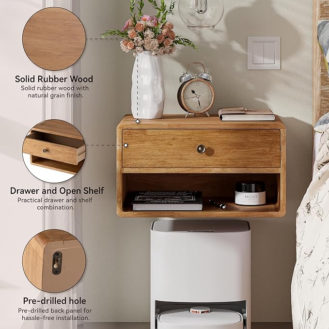 COZAYH Farmhouse Rubber Wood Floating Nightstand with Drawer and Open Shelf, Transitional Wall Mounted Side Table with Open Slot for Bedroom, Fully Assembled (Natural)