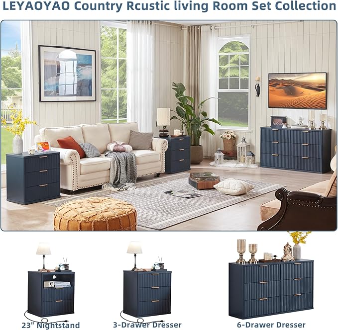 LEYAOYAO Fluted Nightstand Set of 2 with Charging Station,23" Modern Nightstand with Woodgrain Top, 3 Drawer End Table w/Storage, BedsideTables for Bedroom, Living Room, Curved Profile,Blue