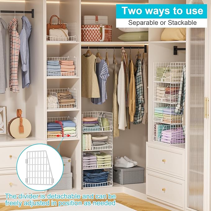 4-Tier Stackable Closet Organizers and Storage Basket with Divider, Foldable Closet Shelf Organizer Systems for Clothing Sweaters, Wardrobe Cupboard, White