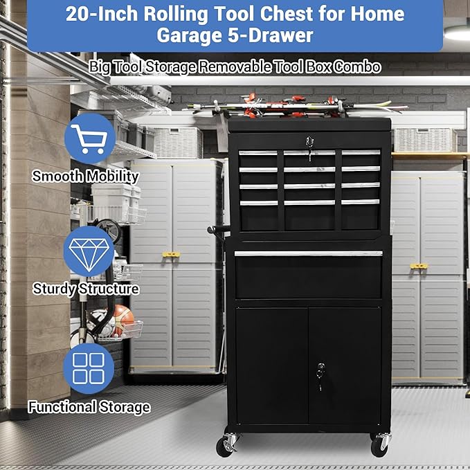 5-Drawer Rolling Tool Chest with Wheels and Locking System, Portable Tool Cabinet for Garage, Workshop, Mechanic, Heavy Duty Tool Box with Drawers, Detachable Storage for Home and Shop, Black