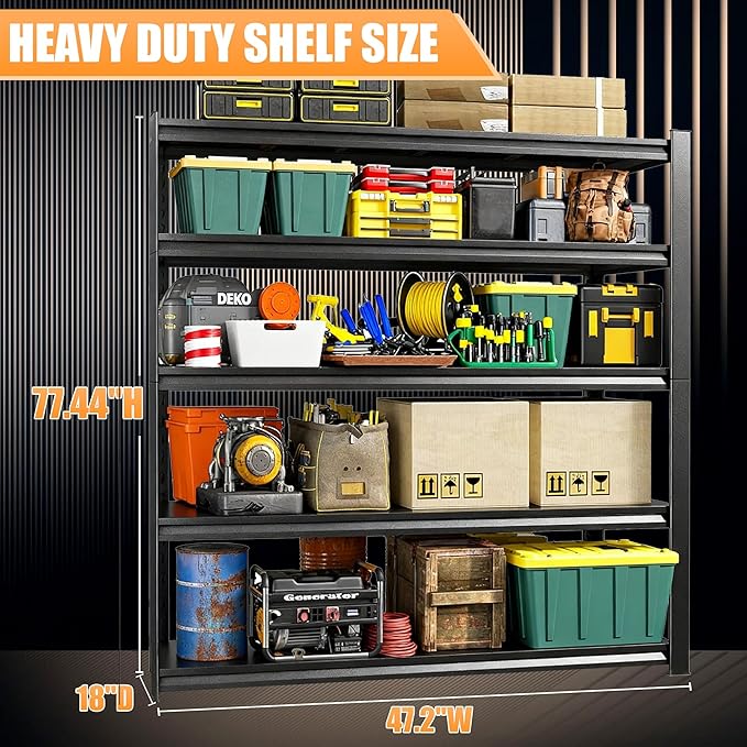 77"H-47"W Garage Shelving-3000LBS 5 Tier Storage Shelves,Adjustable Heavy Duty Metal Shelving Unit and Storage Large Rack,Utility Steel Shelf For Shop Warehouse Industrial Pantry Basement 77"x47"x18"