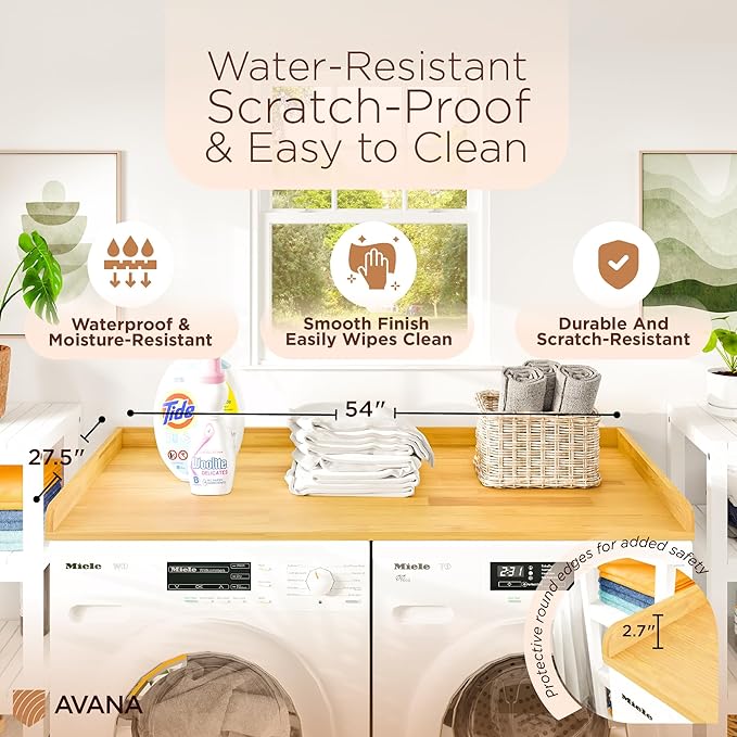Avana (100% Natural Solid Wood Washer Dryer Countertop – Oak Pine Laundry Countertop with Raised Edges, 54” x 27.5” Counter Top for Washer and Dryer, Laundry Room Organizer & Tabletop
