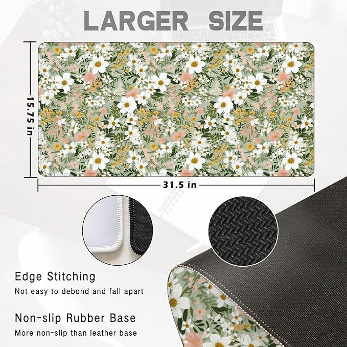 Rustic Wildflower Floral Large Mouse Pad 31.5x15.7inch, Cottagecore Botanical Flower Large Extended Computer Desk Mat Mousepad for Keyboard and Mouse, Floral Desk Accessories