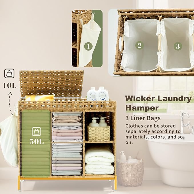 Laundry Hamper with Lid, 110L (29.1 Gal) Rattan Laundry Hamper 2 Section with 50L (13.2 Gal) Storage Shelf, Wicker Woven Laundry Sorter Basket with 3 Liner Bags and Handles, Natural GLH002N