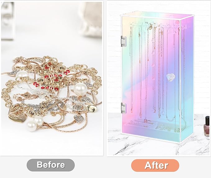 Jenseits Iridescent Necklace Organizer, Acrylic Necklace Holder w/Velvet Tray, Dustproof Rotation Jewelry Holder Organizer Display Stand Box Hanger, Necklaces Ring Bracelet Case, Gift for Women, Girl