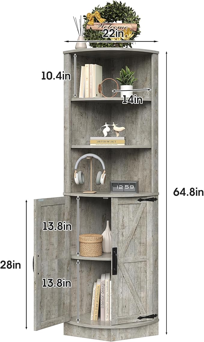 Vabches 64.8" Tall Farmhouse Corner Cabinet, Corner Shelf with 2 Barn Doors & Storage Shelves, Home Space Saver with Storage for Bathroom, Living Room, Entryway, Kitchen, Washed Grey