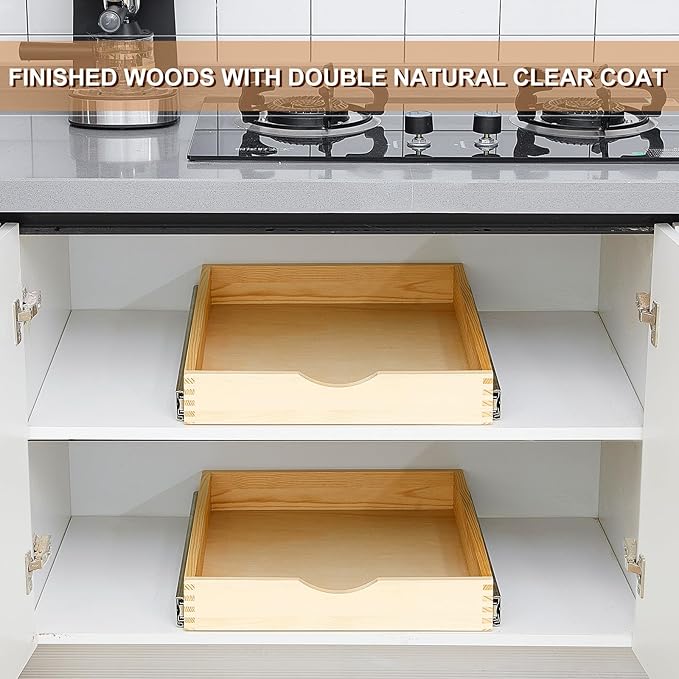 Menkxi 2 Set Pull out Tray Cabinet Organizer Wooden Pull Drawers storage Slide out Pantry Shelf for Base Cabinet Kitchen Gentle Close Fully Assembled Accessories(Wood Color,18'' X 21'' X 3'')