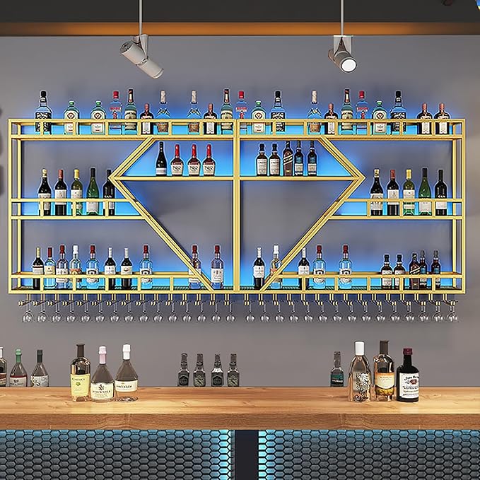 78.7in Wine Rack Wall Mounted, Modern Wine Storage Rack Wall Mounted with Wine Glass Holder, Liquor Shelf, Bar Shelves for Liquor Bottles (3TIERS Gold, 78.7 * 7.87 * 33.85INCH)
