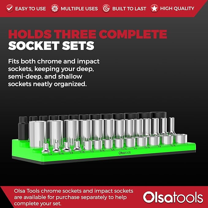 Olsa Tools Magnetic Socket Organizer (3/8-Inch Drive, 3 Row) - Magnetic Tool Organizer & Socket Holder - Tool Box Socket Organizers - SAE Green - Holds 39 Sockets - Professional Grade - Part: 1550